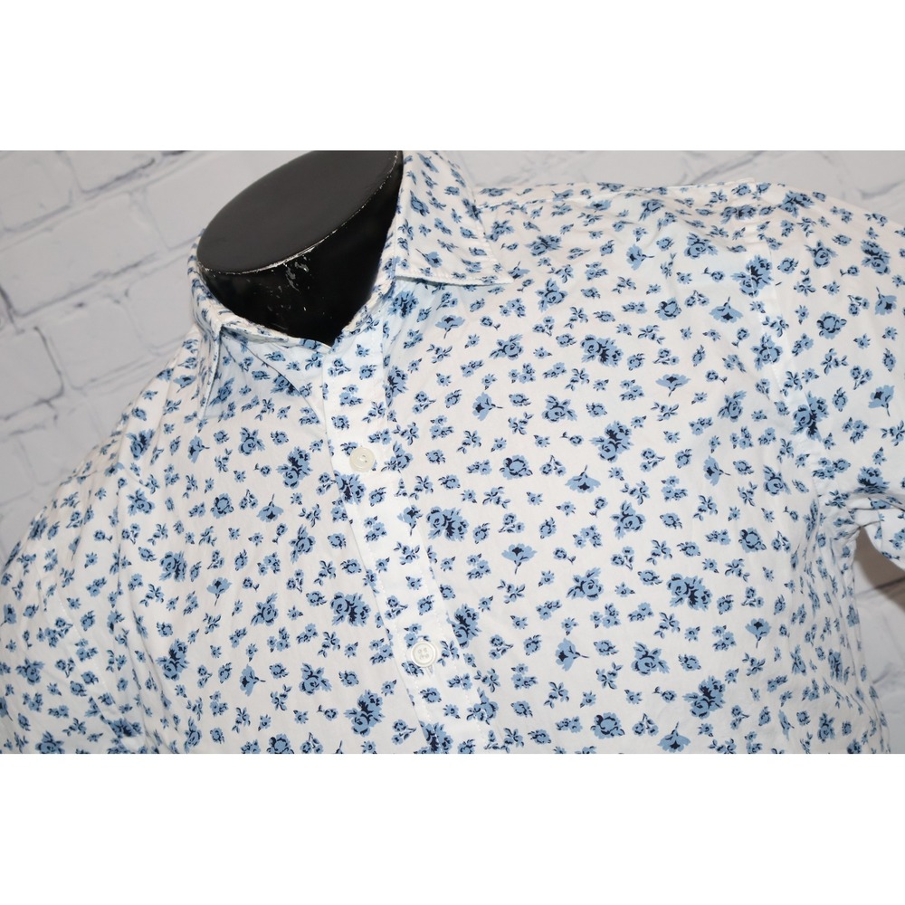 Express Button Up Mens Small White Blue Floral Cotton Shirt Hawaiian